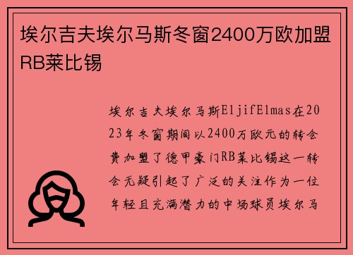 埃尔吉夫埃尔马斯冬窗2400万欧加盟RB莱比锡